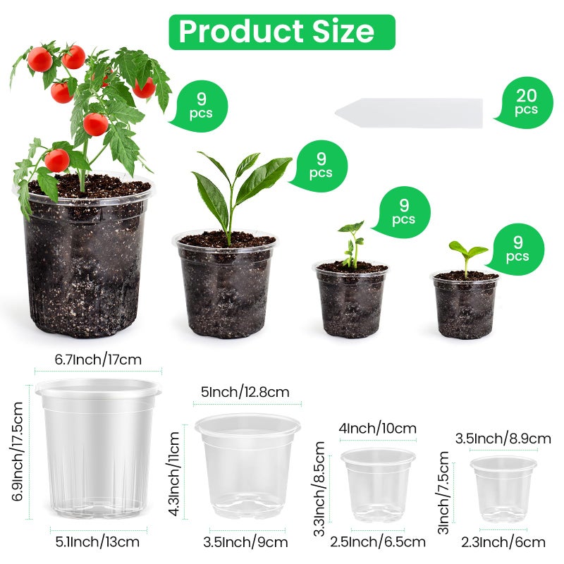 Bluepro 36 Packs 6.7/5/4/3.5 Inch Reinforced Clear Nursery Pots with Drainage Hole  Transparent Variety Pack Plastic Plant Pot Seedling Planter Seed Starter Flower - Image 2